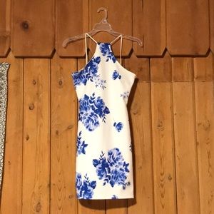 Missguided White Tight Dress with Blue Floral